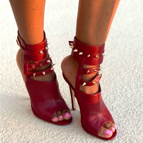 ALEJANDRA G Crimson Leather Studded Gladiator Stiletto Heels | Luxury Designer - Picture 2 of 11